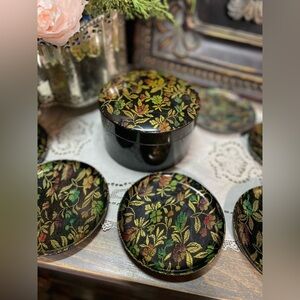 Vintage Kobesteel black metallic floral trinket box of drink coasters